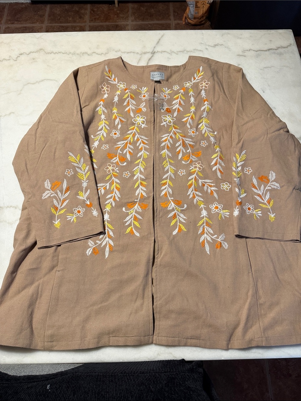Susan Graver Tan Embroidered Open Front Jacket